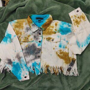 NWT Taxi Womens Tie Dye Distressed Fringe Cropped Denim Jean Jacket Size 2XL